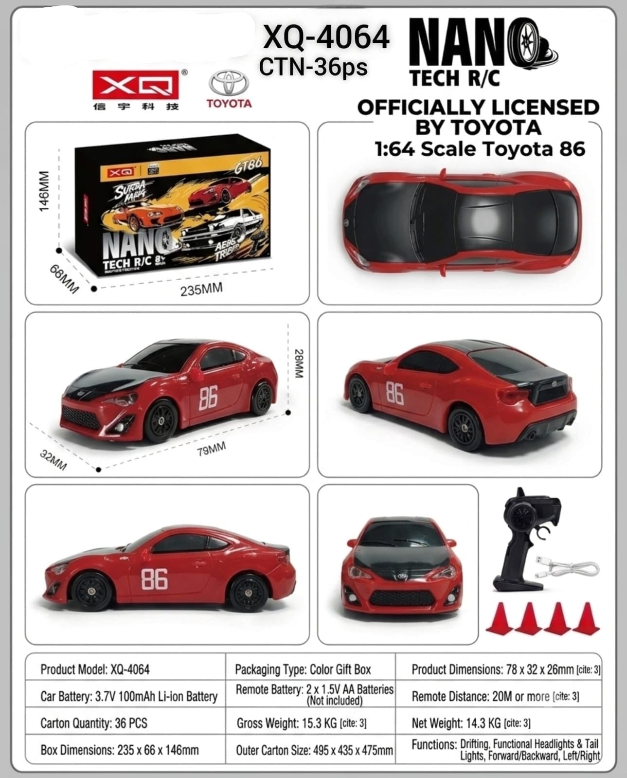 Nano Tech R/C 1:64 Scale Toyota 86 radio-controlled car, model XQ-4064