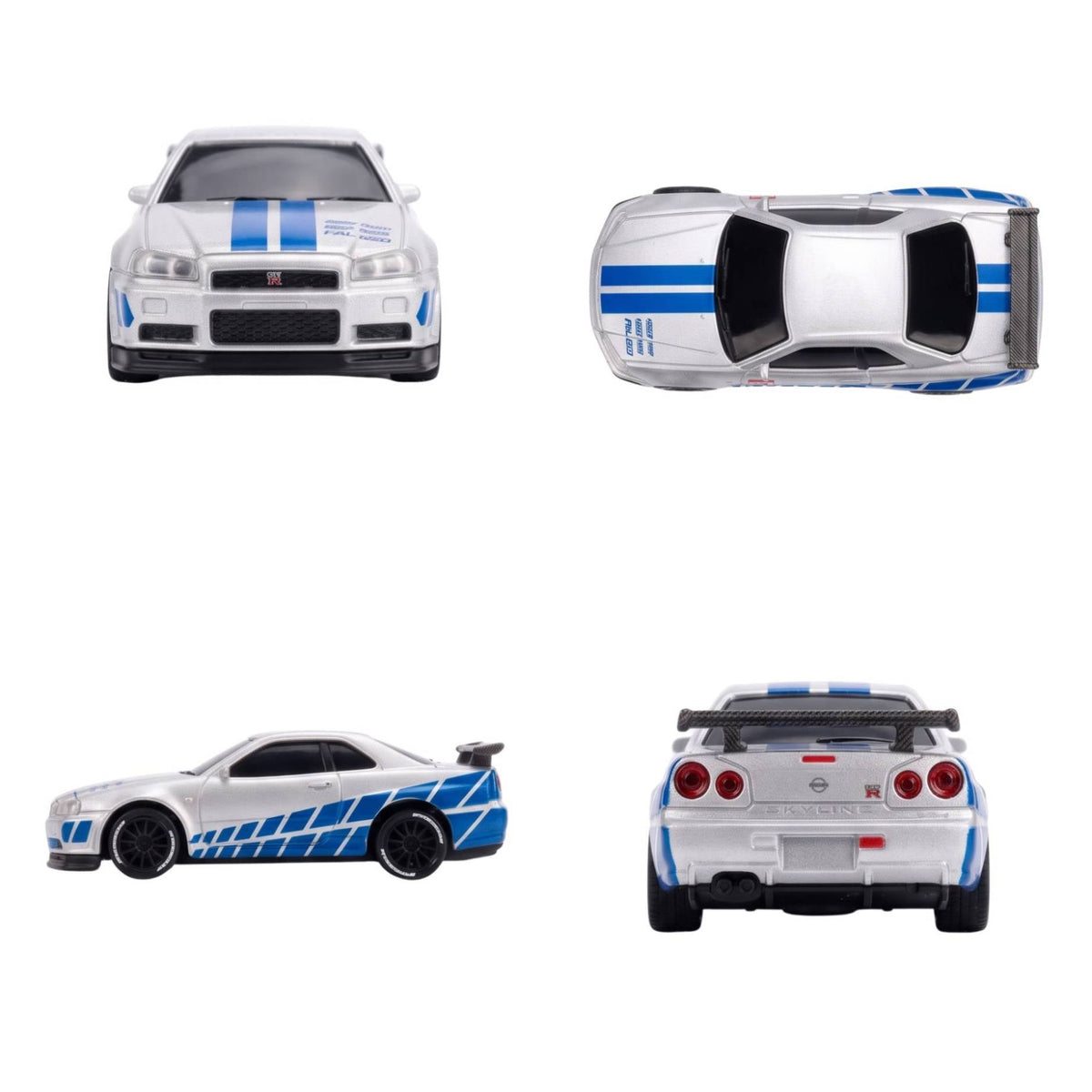 Four angle views showing the front, top, side, and rear of the silver Nissan Skyline