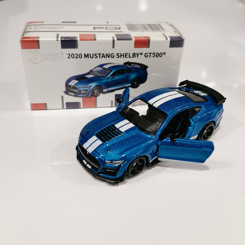 Bburago 1:64 Scale 2020 Ford Mustang Shelby GT500 Blue with White Racing Stripes Diecast Model Car