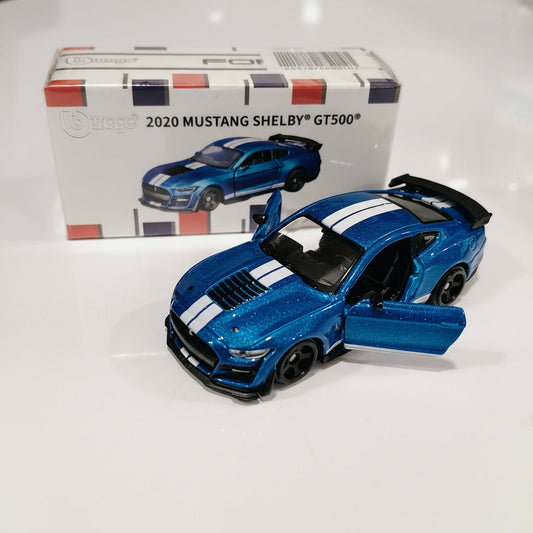 Bburago 1:64 Scale 2020 Ford Mustang Shelby GT500 Blue with White Racing Stripes Diecast Model Car