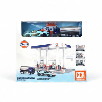 CCA 67277F Gulf gas station diorama with Volvo tanker and McLaren P1 GTR