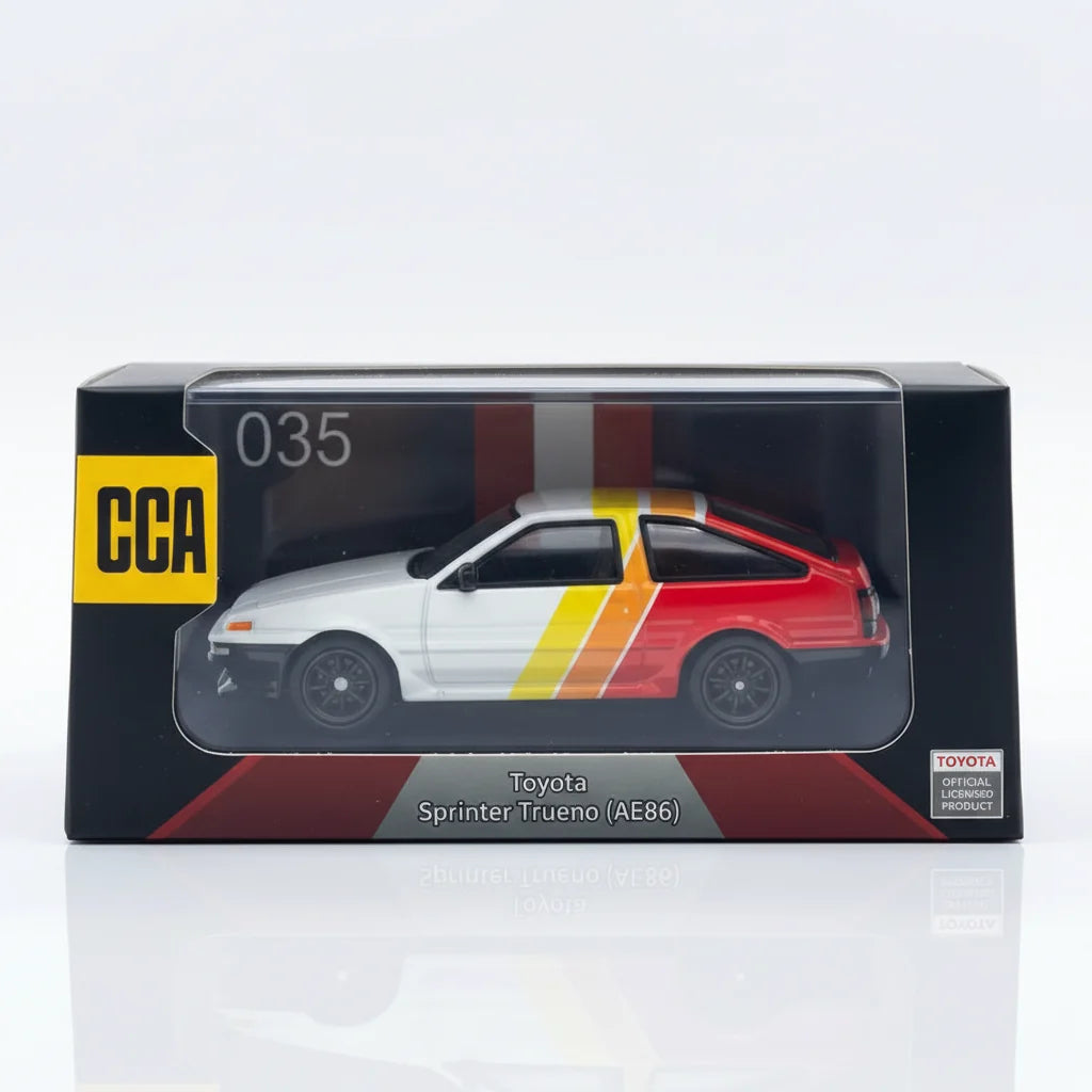 CCA | Toyota AE86 | White | Red-Orange-Yellow Stripe | 1:64 Scale | Diecast Car | Acrylic Display Case