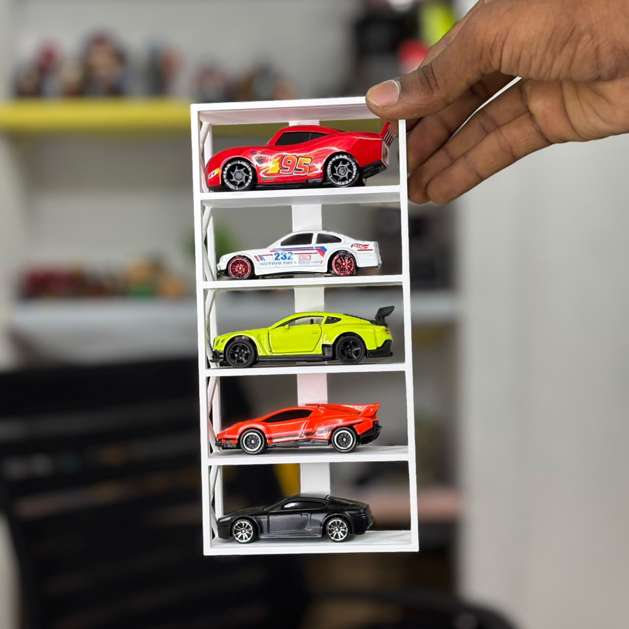 White Hot Wheels 1:64 scale diecast display stand with 5 racks for miniature model cars