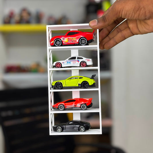 White Hot Wheels 1:64 scale diecast display stand with 5 racks for miniature model cars
