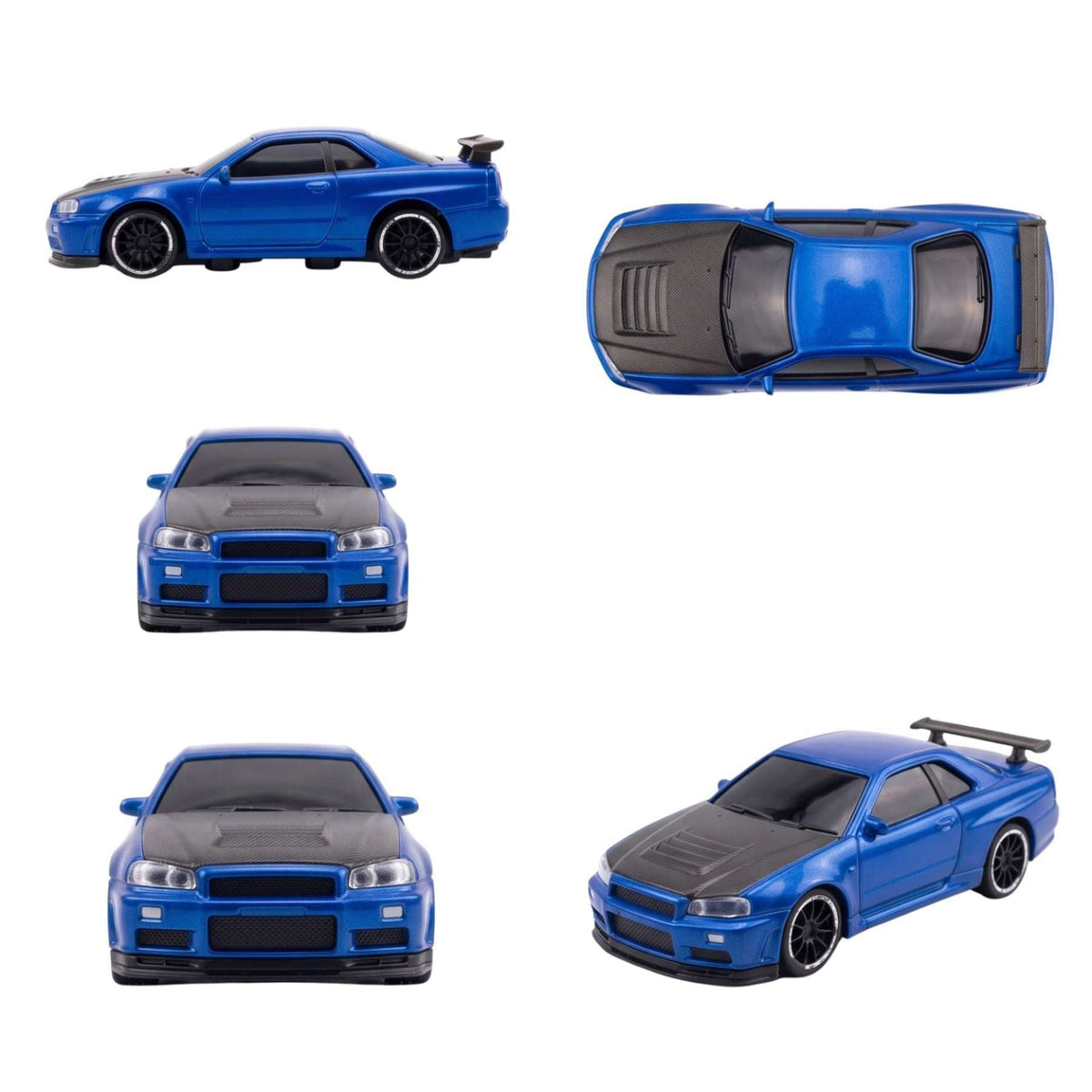 Four angle views showing the front, top, side, and rear of the blue Nissan Skyline GTR