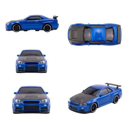 Four angle views showing the front, top, side, and rear of the blue Nissan Skyline GTR