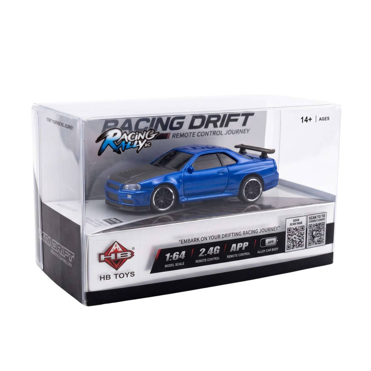 Front view of the blue Racing Rally HB-RP6402-1 Nissan Skyline GTR drift car in its box.