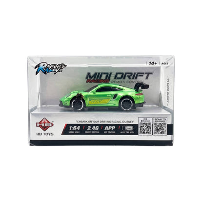 Front view of the metallic green Racing Rally HB-RP6402-1 Porsche 911 drift car in its display box