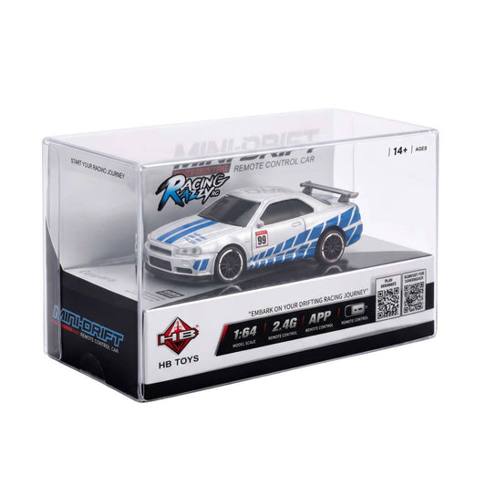 Front view of the silver Racing Rally HB-RP6402-1 Nissan Skyline drift car in its box.